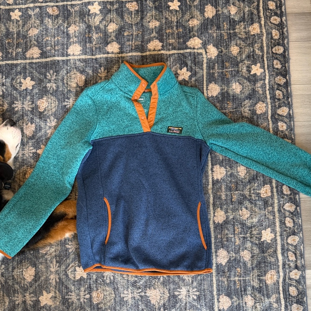 L.L. Bean Teal & Navy Sweater Fleece Pullover with Tan Trim | Women’s S